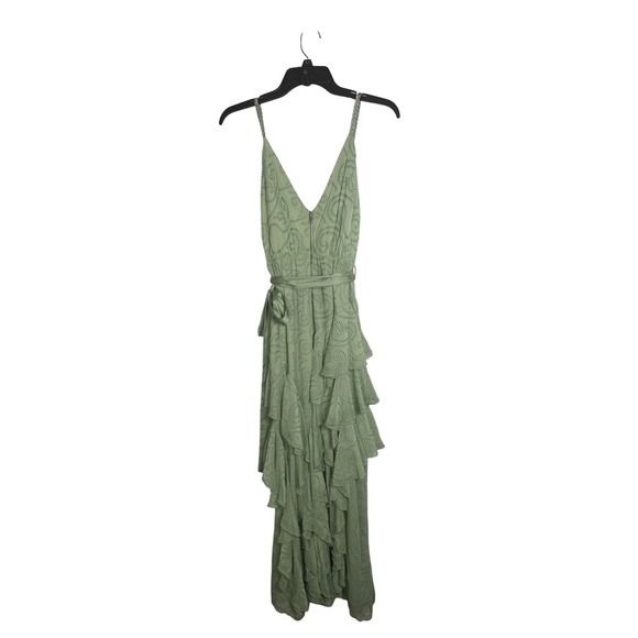 Alice+Olivia Sage Green Ruffle Maxi Dress V Neck Tie Waist Size 2 - Picture 6 of 14